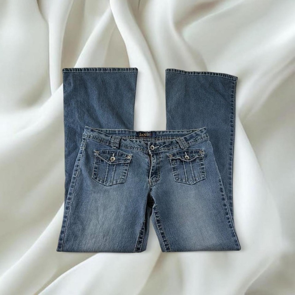 Angels low rise light wash denim bootcut jeans front button pocket detail y2k